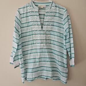 Michael Kors Womens Blouse Top Shirt Blue Embellished V Neck Cotton Medium